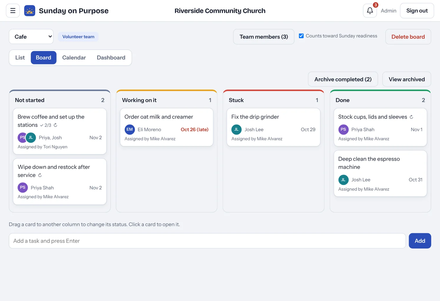 Board view of Sunday on Purpose
